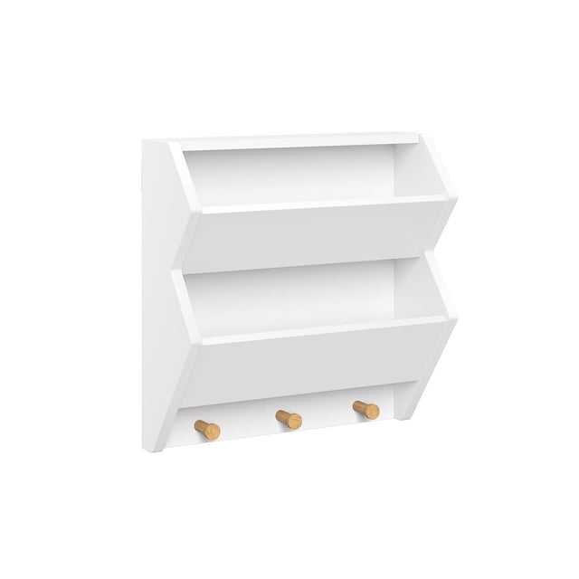Kids Catch-All Wall Shelf with Hooks in white painted MDF with two open storage compartments and three natural pine wood hooks below, designed for organizing small toys, mail, or accessories in playrooms, offices, or entryways, also suitable for hanging scarves or dog leashes.