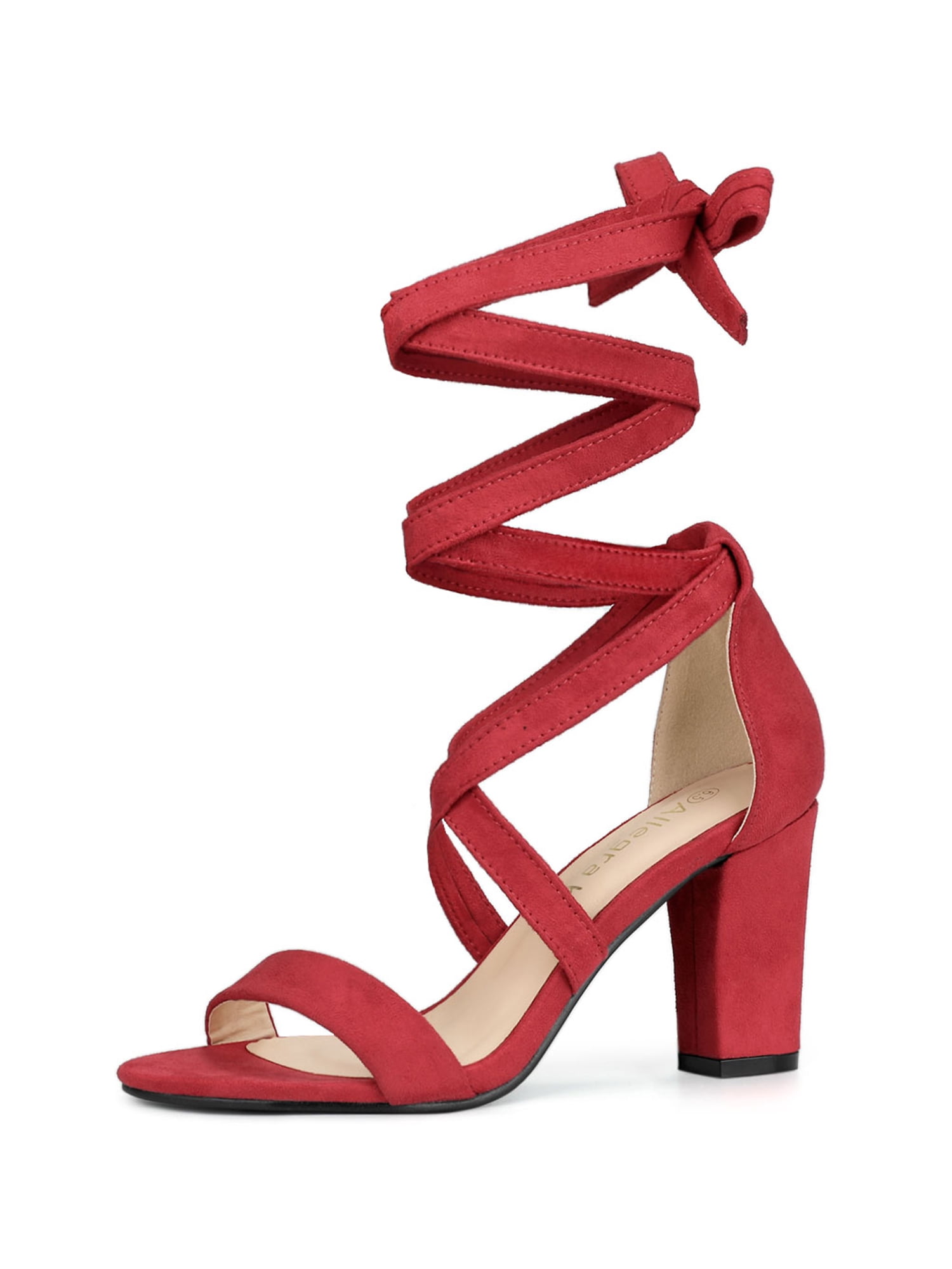 BLISSFUL STEP Sandales pour Femmes Couleur Unie Talons Blocs Moyens Sandales à Lacets Rouge 5,5