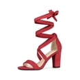 thumbnail image 1 of BLISSFUL STEP Sandales pour Femmes Couleur Unie Talons Blocs Moyens Sandales à Lacets Rouge 8, 1 of 8