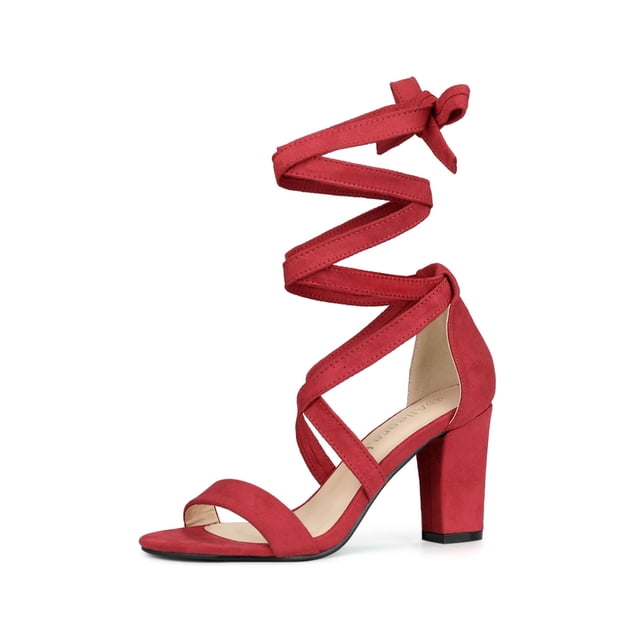BLISSFUL STEP Sandales pour Femmes Couleur Unie Talons Blocs Moyens Sandales à Lacets Rouge 8