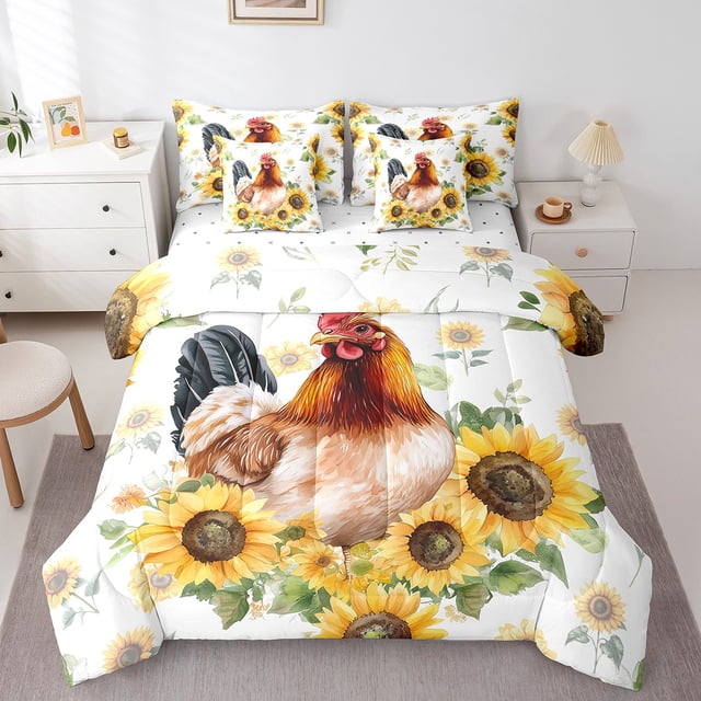 Farm Chicken Full Comforter Set 7 Piece,Rustic Farmhouse Animal Bed In A Bag With Sheets Hen Bedding Set For Kids Adults Sunflower Decor Bed Set Reversible