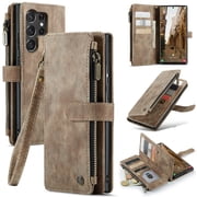 CaseMe Case for Samsung Galaxy S23 Ultra Wallet Case for Women Men, Fashion Durable PU Leather Magnetic Flip Lanyard Strap Wristlet Zipper Card Holder Wallet Phone Case for Galaxy S23 Ultra 6.8-inch