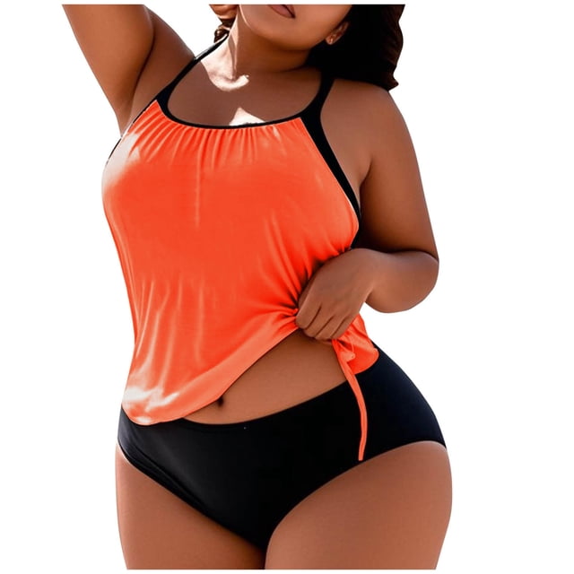 FAVIPT Plus Size Tummy Control Tankini for Women 2 Piece Ruched Drawstring Swimwear Tropical Beach Comfy Bathing Suit Yellow,XXXXXL