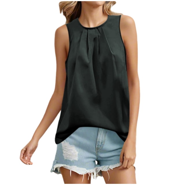 Timegard Tank Tops for Women Ruched Crewneck Sleeveless Back Button Summer Casual Lightweight Tee Top