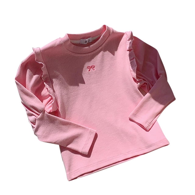 vdgthytj Toddler Baby Girls Long Sleeve Shirts Cute Ruffle Bowknot Embroidered Crew Neck Basic Tops Layering Tees