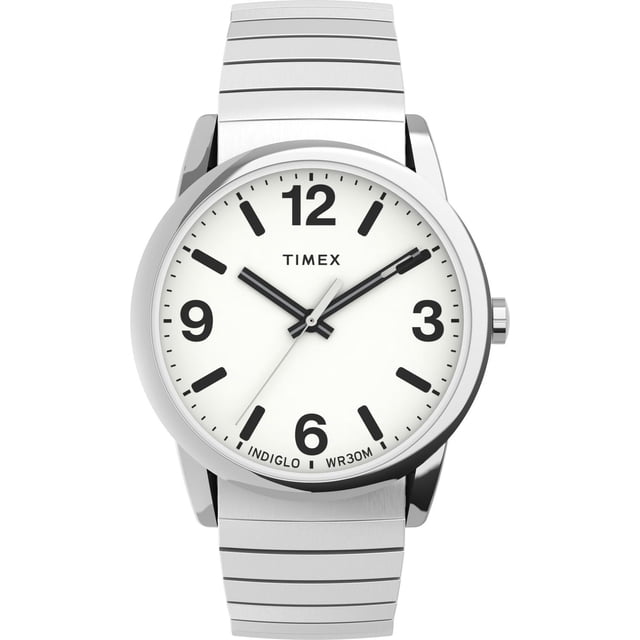 Timex® Easy Reader® Bold Stainless Steel Expansion Band Watch with Perfect Fit featuring a front-facing 38mm polished silver-tone metal case, white dial with bold black partial Arabic numerals at 12, 3, 6, and 9, black hour and minute hands, silver second hand, brushed stainless steel expansion band with adjustable PerfectFit links, INDIGLO light-up dial, and water resistance to 30 meters, often used as a reliable everyday analog watch.