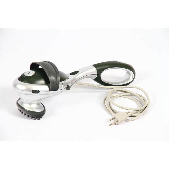 Progression Dual Action Massage Wand with black and silver ergonomic handle, detachable massage head with strap, and beige coiled power cord with plug, designed for handheld muscle relief and improved blood circulation.
