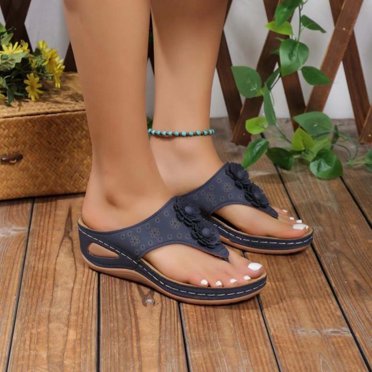Pisexur Women Shoes Women's New Summer Floral Wedge Flip-flops