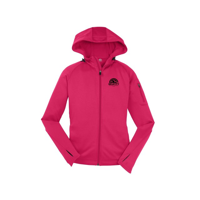 Gravity Outdoor Co. Womens Fleece Hooded Jacket - Black Logo - Pink Raspberry - L
