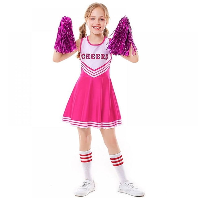 Robe de Danse d'Uniforme de Pom-Pom Girl pour Filles et Enfants avec Bas Jusqu'aux Genoux et Ensemble de Pompons Assortis. la Tenue Présente une Robe Rose Vibrante Sans Manches avec des accents de Chevrons Blancs et le Mot « Cheers » Imprimé sur la Poitrine. Comprend des Bas Jusqu'aux Genoux Assortis avec des Rayures Rouges et des Pompons Violets Brillants. Fabriquée à Partir d'Un Tissu de Maillot de Bain Doux et Respirant avec une texture Lisse et des Coutures Soignées. Idéale pour les performances de cheerleading Ou les Événements à Thème.