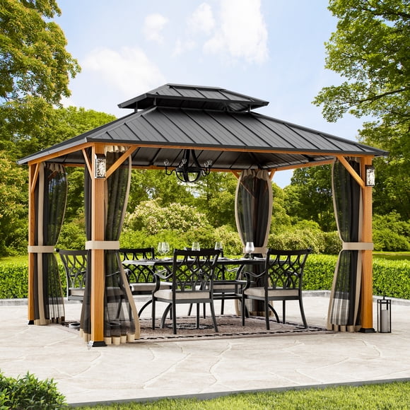 Modern Shade Horizon 10'x12' Hardtop Gazebo, Galvanized Double Steel Roof, 4 LED Lights, Hooks & Mosquito Netting, Wood Grain Finish