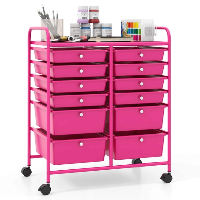Costway 12-Drawer Rolling Storage Cart with 2 Sizes Plastic Drawers Hot Pink