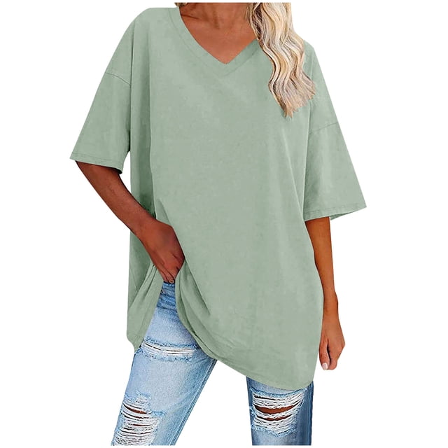 Plebaso T-Shirts Surdimensionnés pour Femmes à Col en V à Manches Mi-Longues T-Shirts Décontractés Unis Confort Hauts Amples pour Femmes