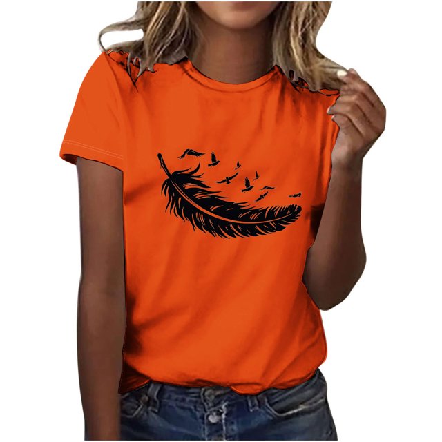 Dadaria Hauts Femme Chemise Orange Manches Courtes T-Shirt Col Rond Été Chandail Blouses 2TG
