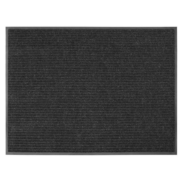Mainstays 3 ft. x 4 ft. Platinum Needlepunch Charcoal Doormat with Vinyl Backing featuring a rectangular charcoal ribbed surface made from recycled polyester that traps dirt and moisture, with a stain-resistant, easy-to-clean top and durable vinyl backing suitable for indoor and outdoor entrances.