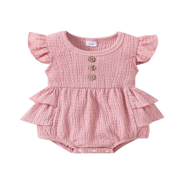Baby Girls Fly Sleeve Romper Fashion Solid Color Button Neck Ruffle Triangle Jumpsuits