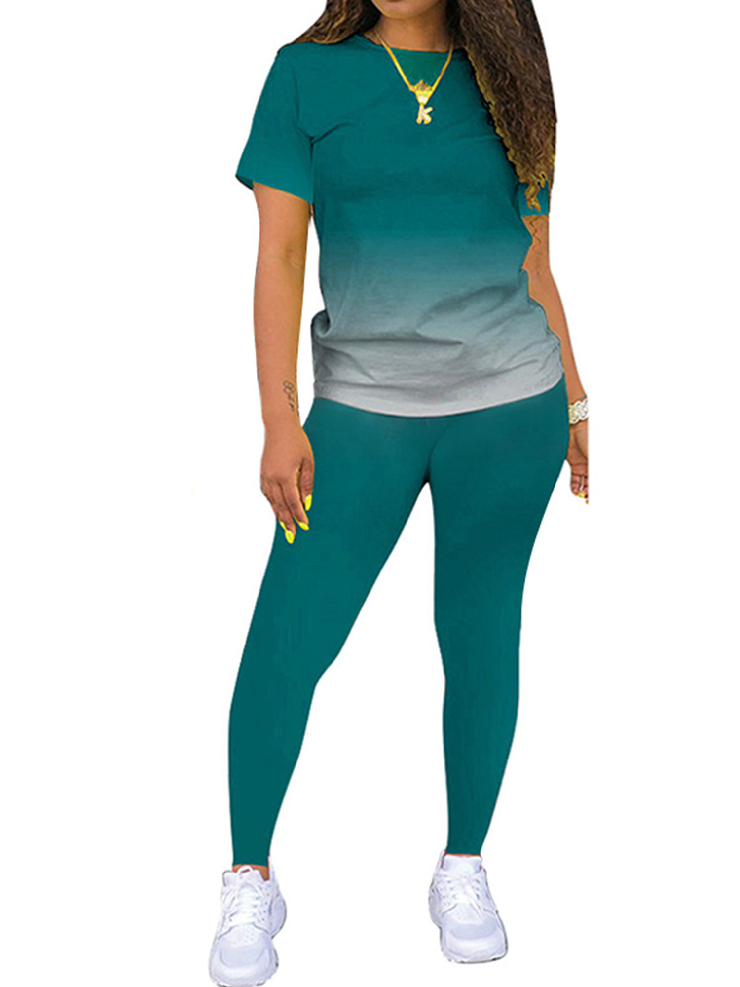 MAWCLOS Women Jogger Set Short Sleeve Sweatsuits Gradient Two Piece Outfit Boho Running Crew Neck Lounge Sets Dark Green XL