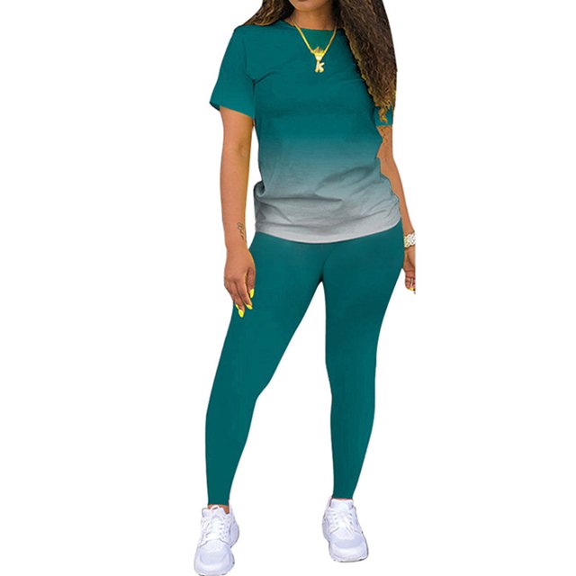 MAWCLOS Ensemble de Jogging pour Femmes Manches Courtes Survêtements Dégradé Ensemble Deux Pièces Boho Course Col Rond Ensembles de Détente Vert Foncé TG