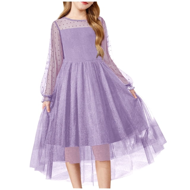 GDREDA Robes d'Été pour Filles 2025 Robe de Printemps à Manches Longues Robe en Tulle Violette, 3-4 Ans