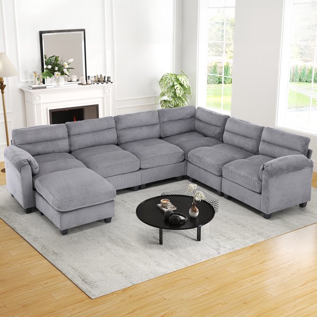 Bonzy Home Convertible Sectional Sofa Couch for Living Room With Ottoman Grey