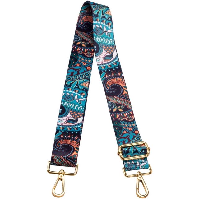 SURJDE Crossbody Strap for Purses Replacement Adjustable Guitar Multicolor Style Handbag Straps in Boho Blue. Features a vibrant bohemian pattern in polyester with gold-tone hardware. Adjustable length from 31.5 to 57.5 inches and 1.5-inch width for versatile use. Suitable for crafting projects or as a replacement strap for handbags.