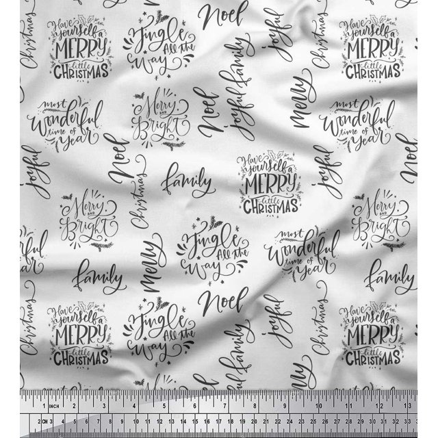 Soimoi White polyester Crepe Fabric Merry Christmas Text Print Sewing Fabric Yard 42 Inch Wide