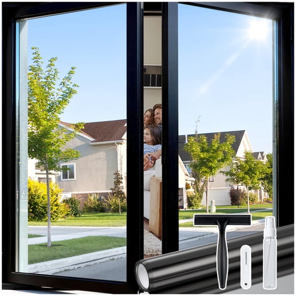rabbitgoo Film Teinté Unidirectionnel pour Fenêtre Offrant de l'Intimité avec 3 Outils pour la Maison, Contrôle de la Chaleur Solaire et des UV, Miroir Adhésif Réfléchissant Teinté Voir Dehors Pas Dedans Revêtement de Porte de Bureau, Noir