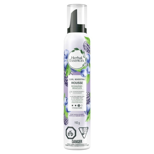 Herbal Essences Curl Boosting Mousse for Curly Hair and Wavy Hair in a 192g white bottle with black foam pump and clear cap, decorated with blueberry and blackberry illustrations, offering 24-hour frizz protection, strong hold, and fresh berry scent, ideal for defining curls and waves.