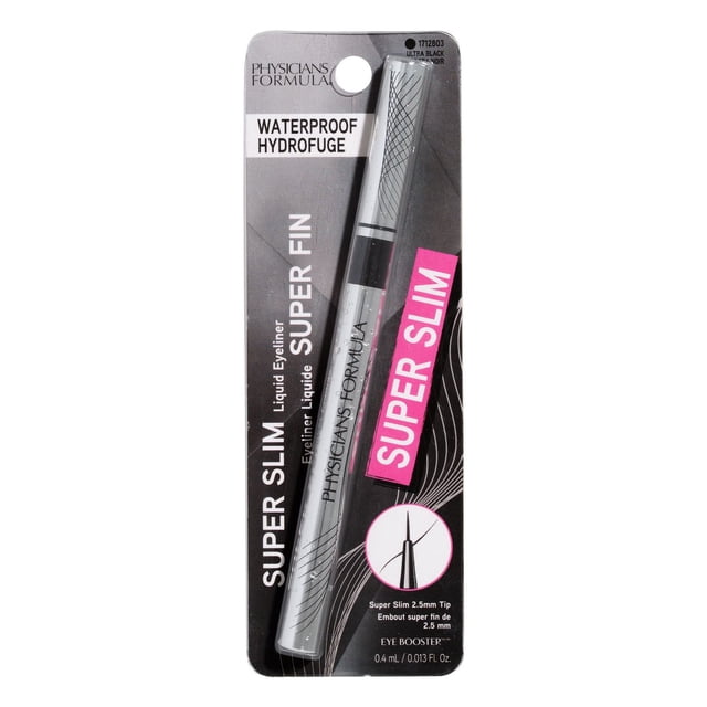 Physicians Formula Traceur Liquide Super Mince en Noir ultra avec une Pointe Pinceau Super fine de 2,5 mm, Formule Imperméable pour une application de Maquillage des Yeux Précise et Longue Tenue, Présentée en Emballage Noir et Argent avec Mèches Roses.