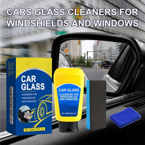 RRJ Car Windshield Cleaner Glass Cleaning Spray, 150ml Oil Film Remover for Car Windows, Windshield Wiper Fluid Streak-Free Formula, Interior Auto Glass Cleaner Kit Includes Sponge Cloth