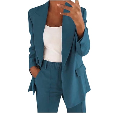 TIMIFIS Blazer Sets Women 2 Piece Outfits Business Casual Outfits Casual Pant Suits Plus Size Open Front Solid Long Sleeve Blazer and Slim Pant Sets with Pockets - Spring/Summer