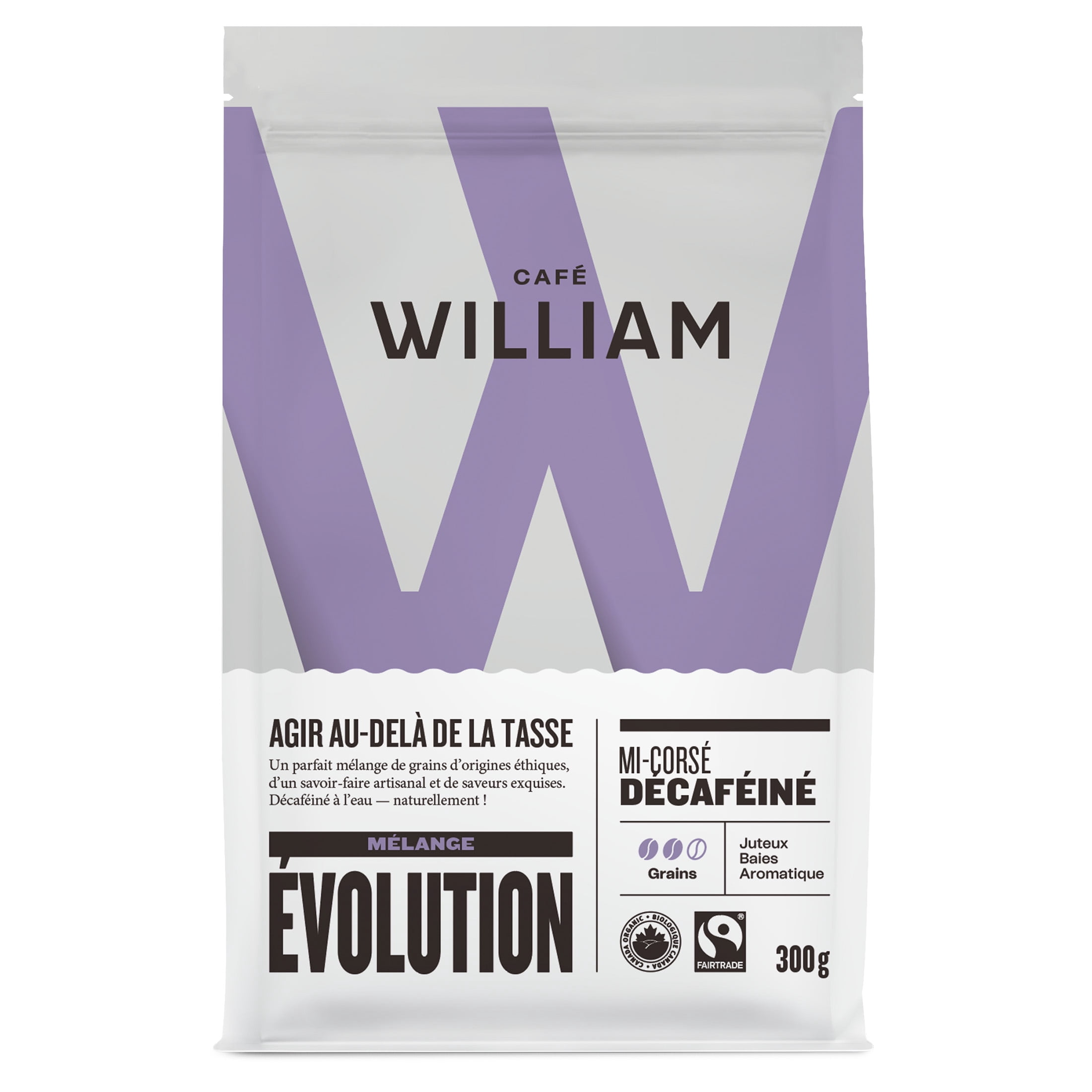 Café William Coffee Organic Fair-Trade EVOLVE Decaf Medium Roast Whole Bean Blend 300 G