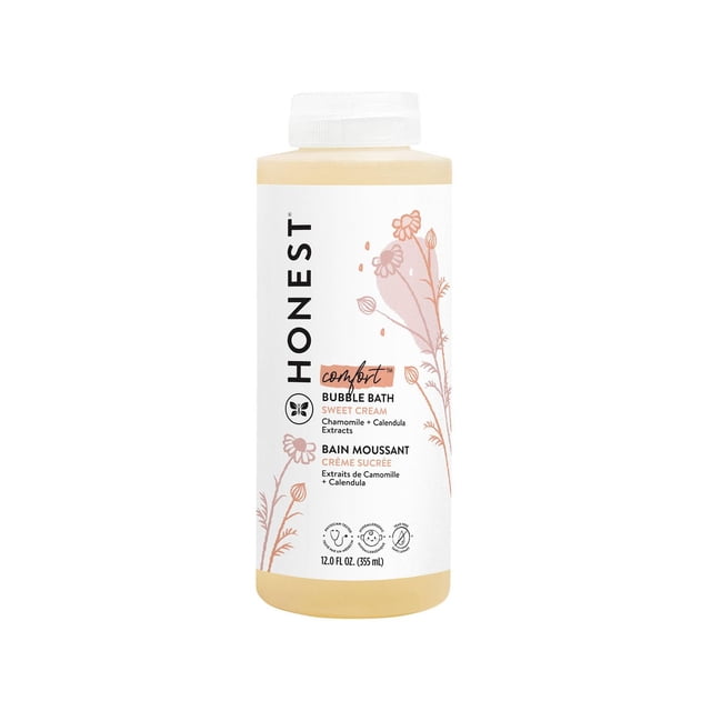 Honest Body & Bath Sweet Cream bubble bath in a 12 fl oz (355 ml) beige plastic bottle with a white label featuring pink chamomile and calendula floral illustrations, tear-free, hypoallergenic, dermatologist-tested, and made with naturally derived ingredients, gentle for baby and suitable for calming bath routines.
