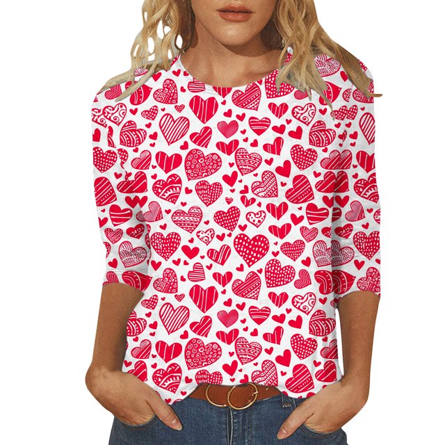 Penkiiy Chemises de la Saint-Valentin pour Femmes Manches 3/4 Col Rond Blouses Décontractées Imprimé Mignon Tuniques Tops 2025 TG Multicolore