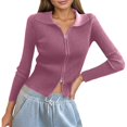 thumbnail image 1 of Cardigan Côtelé à Double Fermeture Éclair pour Femmes - Haut Court Ajusté avec Col - Design Moderne - Tissu Texturé Doux - Taille Unique, 1 of 3
