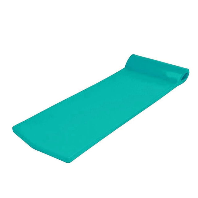 California Sun Deluxe Oversized Unsinkable Foam Cushion Pool Float in aquamarine. This 70-inch long and 25-inch wide pool float features 1.25-inch thick ultra-soft foam coated with crack-resistant vinyl. Designed for outdoor use, it is weather-resistant, unsinkable, and lightweight at 7 lbs, making it easy to roll up and store. Ideal for lounging in pools with durable, ever-floating foam construction.