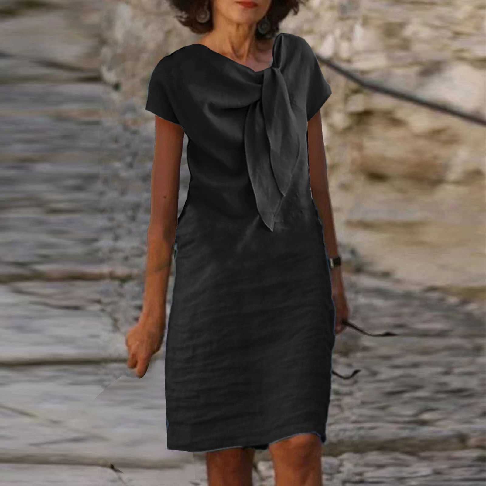 Robe d'Été pour Femmes 2024 Mode Grande Taille Nouvelle Allure Élégante Col Rond à Nouer Manches Courtes Couleur Unie Coton Coton Lin Robe Rabais de 50 % Liquidation!