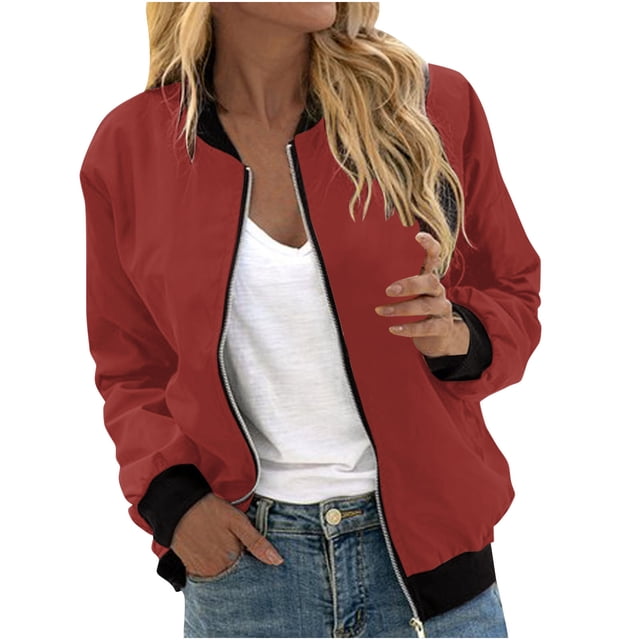 Womens Fashion Jacket Casual Stand Collar Zip Up Lightweight Coat Fall Color Block Jackets with Pockets Red XXL