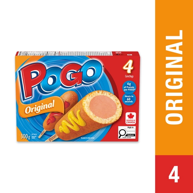 POGO® Original Corn Dog Surgelé Boîte de 4 Présentant Deux Chiens Maïs, un Entier avec Moutarde et ketchup, un Coupé en Deux Montrant le Hot-Dog à l'Intérieur, avec Emballage Bleu et Rouge Mettant en Valeur 6 Grammes de Protéines par POGO®, Préparé au Canada, Compatible Micro-Ondes en 60 Secondes, Convient Aussi pour Croustillant à la Friteuse à air Chaud.