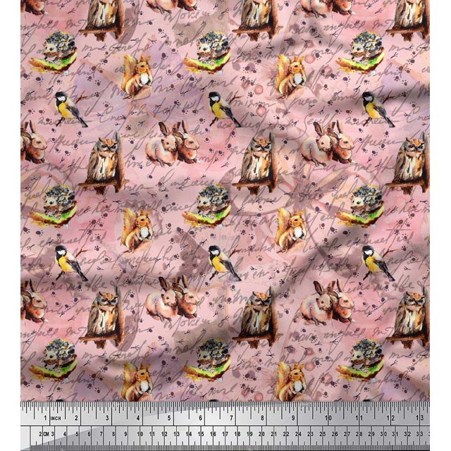 Soimoi Tissu Poly Georgette Hibou,Squirrel & Rabbit Tissu à Imprimé Animal au Mètre 52 Pouces de Large
