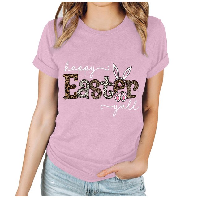 EGNMCR Chemise de Pâques à Manches Courtes pour Femmes Imprimé de Pâques Haut à Manches Courtes Col Rond T-Shirts pour Femmes