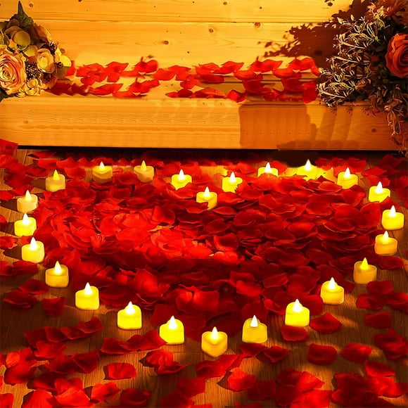 1000pcs Rose Petals for Romantic Night, TSV Fake Red Silk Rose Petals with 24 LED Tea Lights Candles Romantic Night Set for Decoration Wedding Party Valentine's (Red)