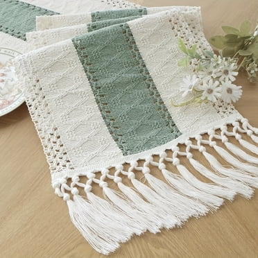 Boho Table Runner Farmhouse Macrame Bicolor Woven Cotton Crochet Lace with Tassels - Beige/Bicolor Color, 72"x12" Rustic Wedding, Bridal Shower & Summer Dining Table Decor, No Assembly Required