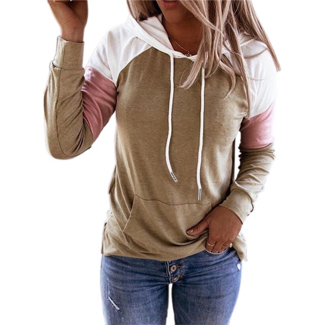 MAWCLOS Ladies T-shirt Color Block Sweatshirt Long Sleeve Pullover Loose Fit Work Hooded Neck Hoodies Khaki 5XL