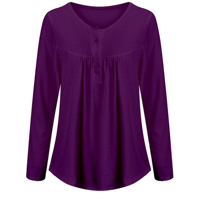 DYMADE Women's Solid Henley V-Neck Blouse Pleated Button Tunic Shirt Top