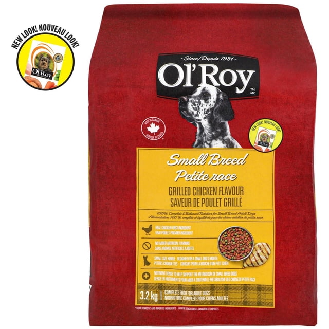 Ol' Roy Small Breed Grilled Chicken Flavour Dry Dog Food 3.2 kg red bag featuring a black and white dog illustration, Canadian made label, and a yellow panel highlighting real chicken as the first ingredient, no added artificial flavors, and small kibble designed to support small breed dogs' metabolism.