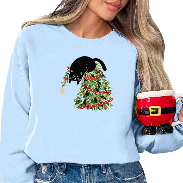 WEAIXIMIUNG Chandails en Molleton Courts pour Femmes Ensemble Motif Lumières Arbre de Noël Chat Col Rond Manches Longues Chandail à Capuchon pour Femmes Décontracté Vacances