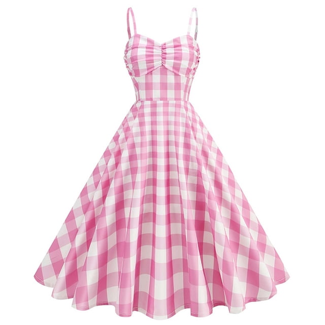 FcBaudy Robe Sans Manches à Col Rond, Robes d'Été pour Femmes, Robes pour Femmes Robe Vintage à Carreaux pour Femmes avec Ceinture, Bretelles, Grande Longueur Moyenne Robe Femme