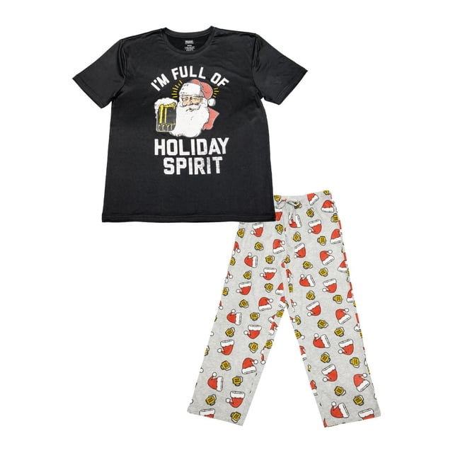 Ensemble de Sommeil 2 Pcs pour Homme avec Inscription des Fêtes, Haut Noir à Manches Courtes Mettant en Vedette un Père Noël Tenant une Chope de Bière et le Texte « Je Suis Plein d'Esprit des Fêtes », Assorti à un Pantalon Gris Chiné Imprimé avec des Chapeaux de Père Noël et des Chopes à Bière, Fabriqué en Mélange de polyester, Convient à la Détente festive des Fêtes.