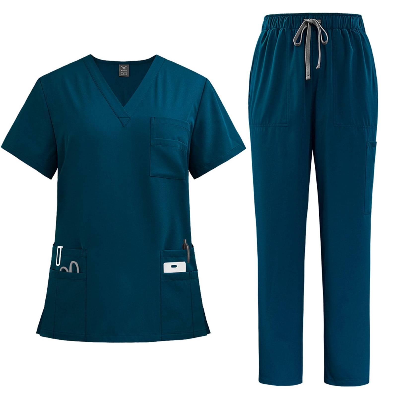 Turqoise Color Solid Ktyne Womens Scrubs Sets M Stretchy Nurse Uniform Short Sleeve V Neck ...